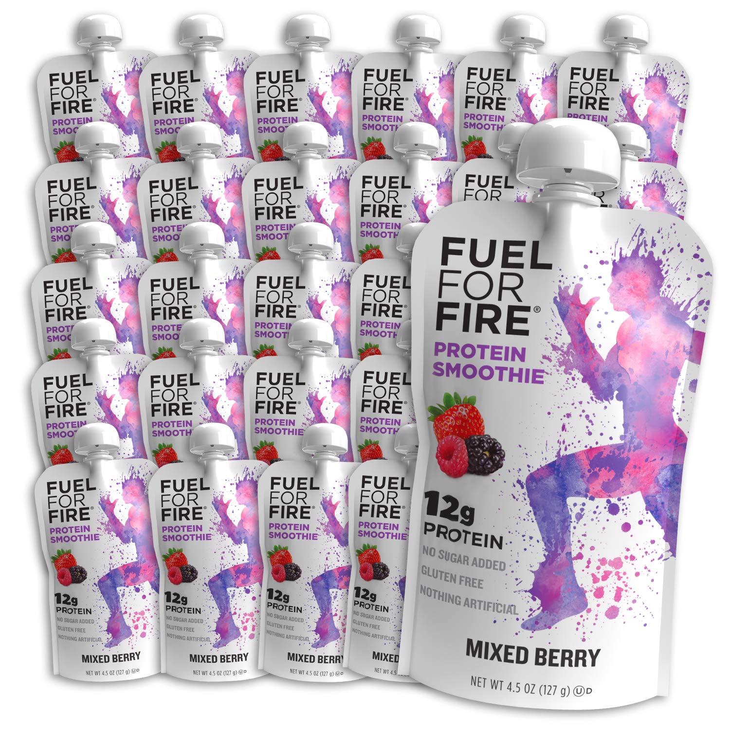 Fuel For Fire - Mixed Berry (24 Pack) Fruit & Protein Smoothie Squeeze Pouch | Perfect for Workouts, Kids, Snacking - Gluten Free, Soy Free, Kosher (4.5 ounce pouches)