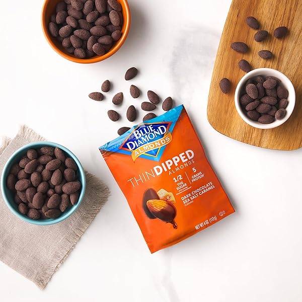 BLUE DIAMOND ALMONDS, DARK CHOCOLATE SEA SALT CARAMEL COVERED THIN DIPPED SNACK NUTS FOR GUILT-FREE SNACKING WITH HALF THE SUGAR, PERFECT FOR GATHERING, HOLIDAYS, OR CRAVING A SWEET TREAT, 4OZ. RESEALABLE BAG