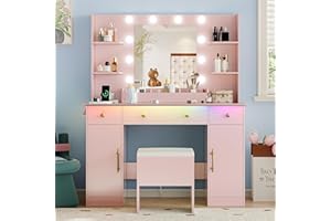 Xixini Vanity Desk with Mirror and Lights, 43'' Pink Makeup Dressing Table Set with 5 Drawers & Chair, Power Outlet, 3 Lighting Modes Adjustable Brightness & RGB LED for Women Girls Bedroom Bathroom