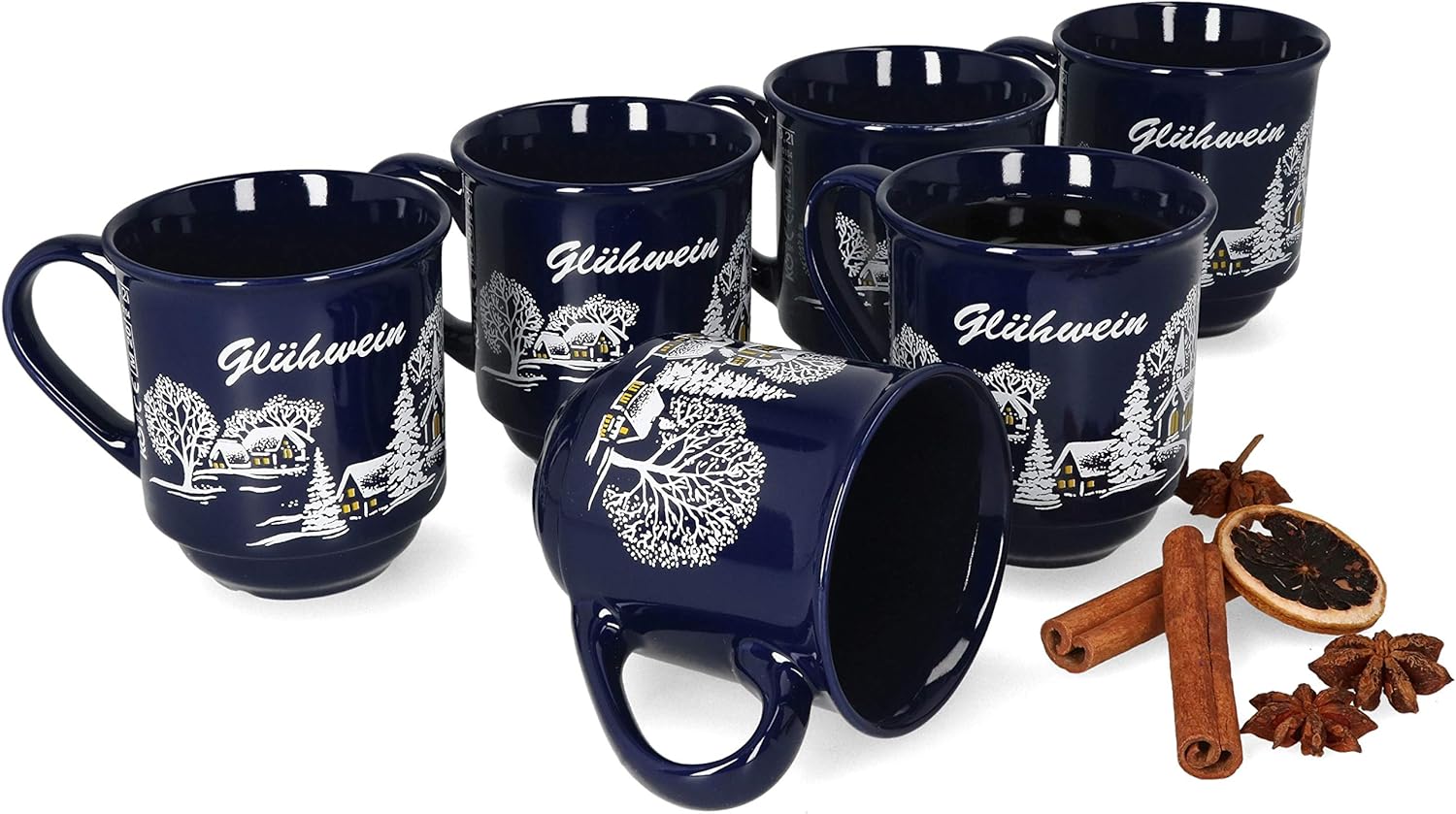 Van Well 6er Set Glühweinbecher blau mit Motiv und Eichstrich bei 0,2L