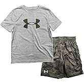 Under Armour Boy`s Short Sleeve Shirt and Short 2 Piece Set (Grey Heather(061)/Green, Youth Small)