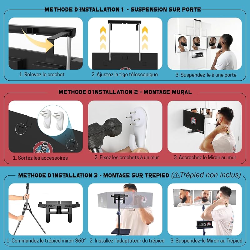 Miroir 3 Faces à LED + support plateau - Se couper les cheveux + barbe seul — photo 4 sur 8