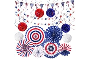 JIALWEN 4th of July Patriotic Party Decorations 27 PCS Set, 6 Paper Fan, 6 Flower Ball, 1 USA Flag Pennant, 2 Star Streamer, 12 Swirl Streamer, Independence Day, Memorial Day, Veterans Day Decor Supplies