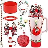 Hpebl 11PCS Christmas Accessories for Stanley Cup 40oz&30oz Tumbler Accessories including Silicone Cute Santa Claus Straw Topper Cover Silicone Stanley Boot Leather Bottle Handle Strap Bracelet Charms