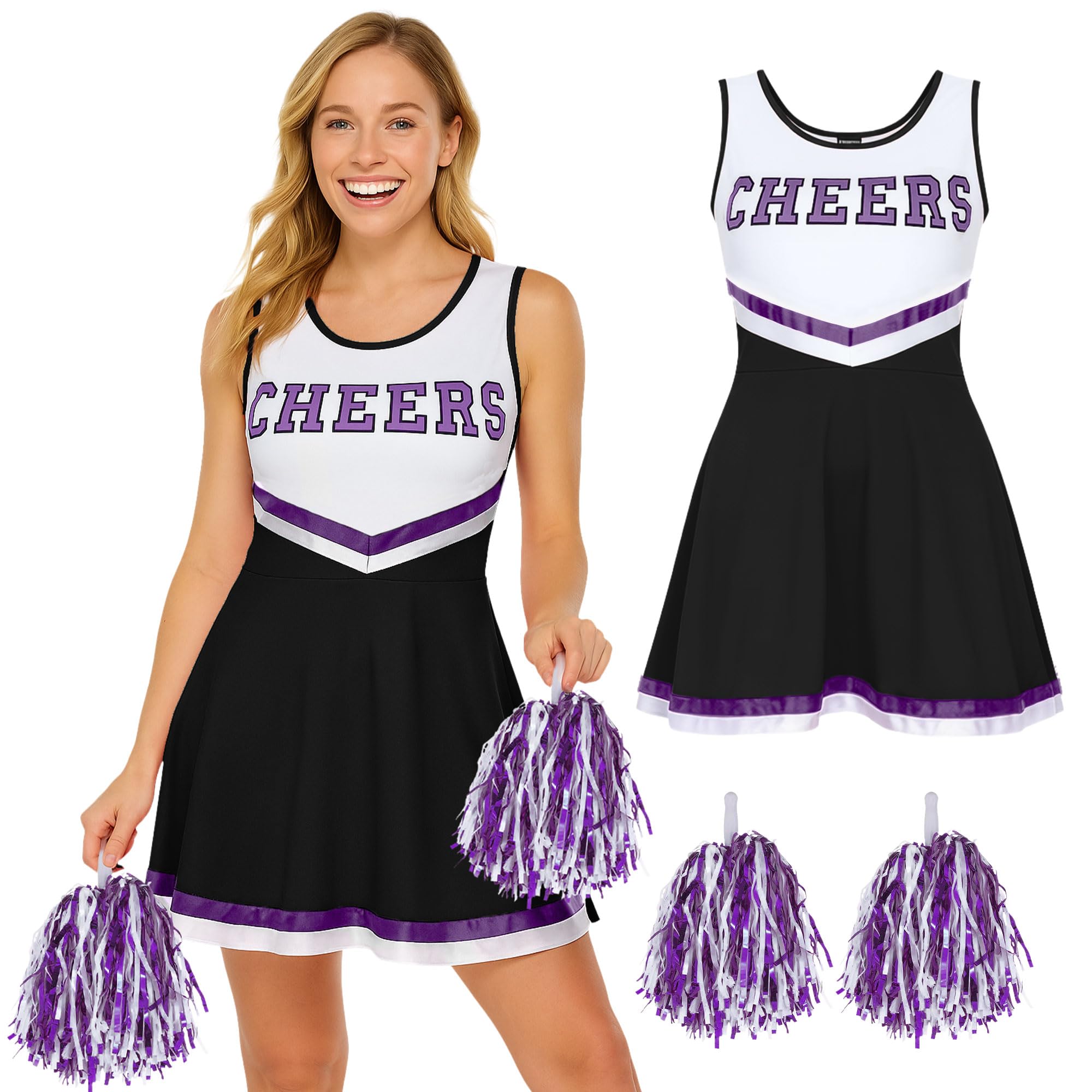 Cheerleader Outfit Adult with Pom Poms - Adult Cheerleader Costume Women Fancy Dress Costume - Ladies Cheerleading Outfit with PomPoms - Cheerleading Halloween Fancy Dress for Women