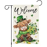 Heyfibro Welcome St. Patrick's Day Garden Flag 12x18 Double Sided Burlap, Highland Cow with Shamrock Bouquet & Green Plaid Scarf Yard Flag for Spring Seasonal Irish Farmhouse Outdoor Decor(ONLY FLAG)