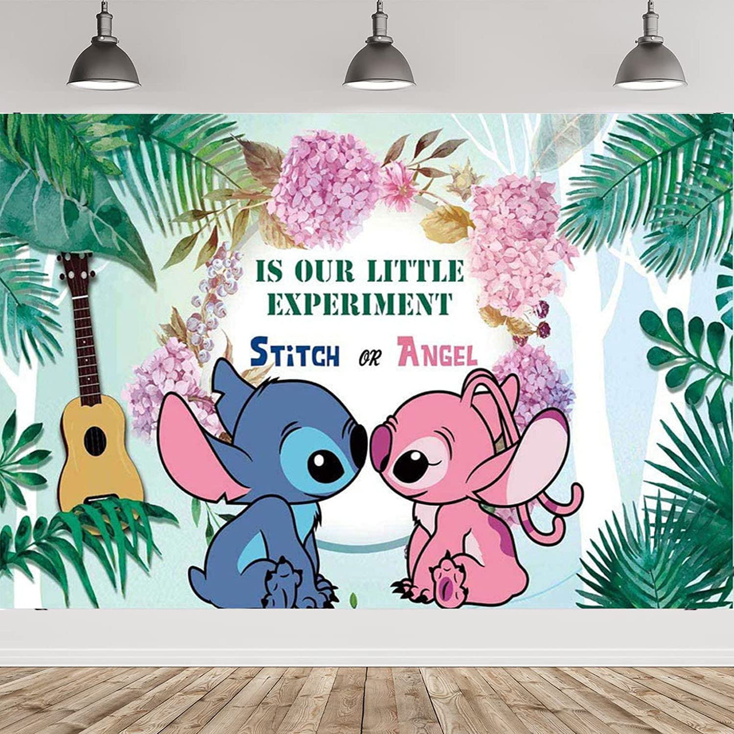 Photo 1 of Okelaucfh Stitch and Angel Gender Reveal Party Background Jungle Leaves Theme Background 5 x 3ft Baby Shower Tropical Hawaii Photography Backdrop Party Decorations, Vinyl, Multicolor