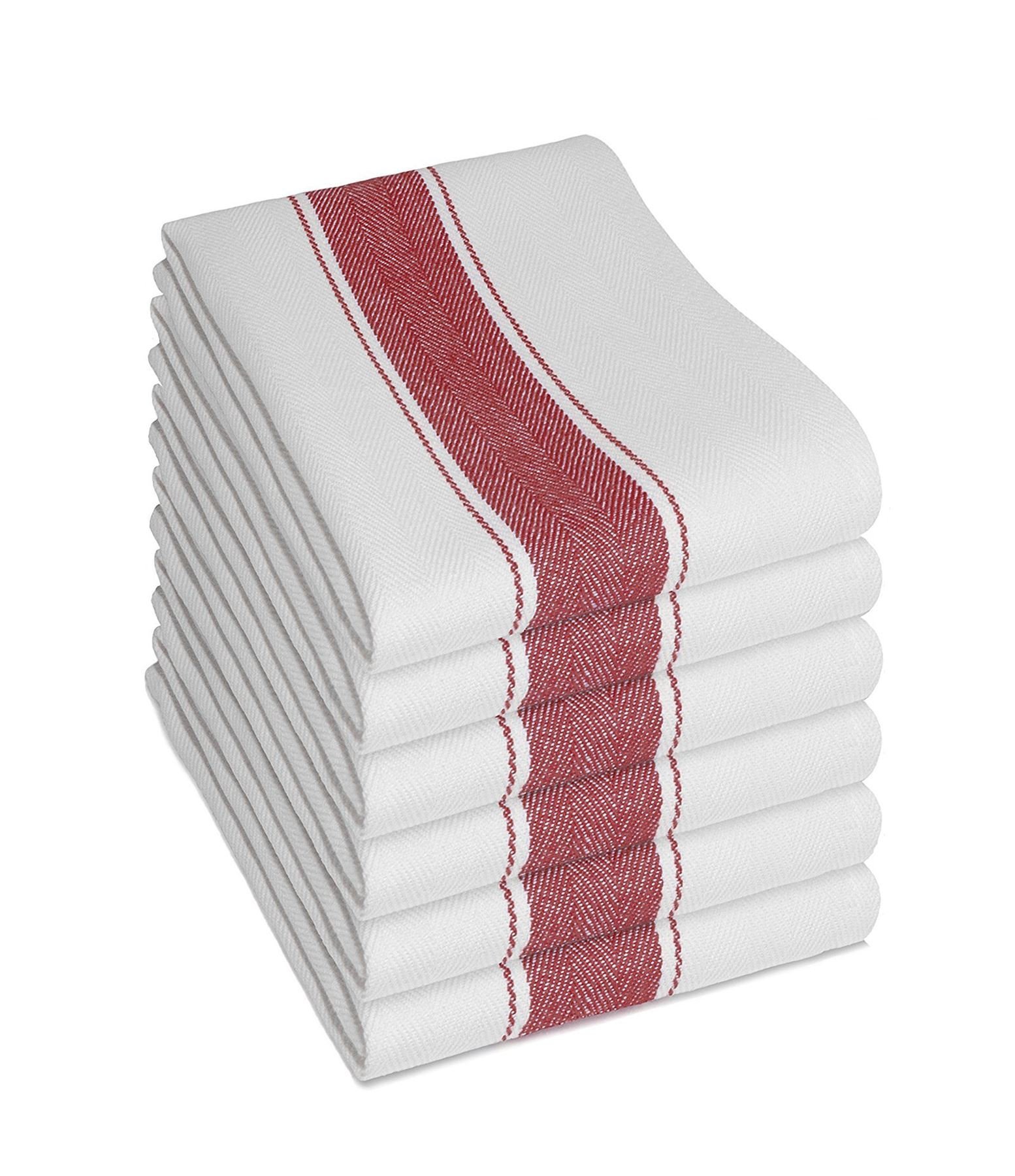 Olivia Rocco Pack of 6 Kitchen Tea Towels Large 100% Cotton Commercial Grade Towels Lint Free White Quick Drying, 70 x 50 cm, Red