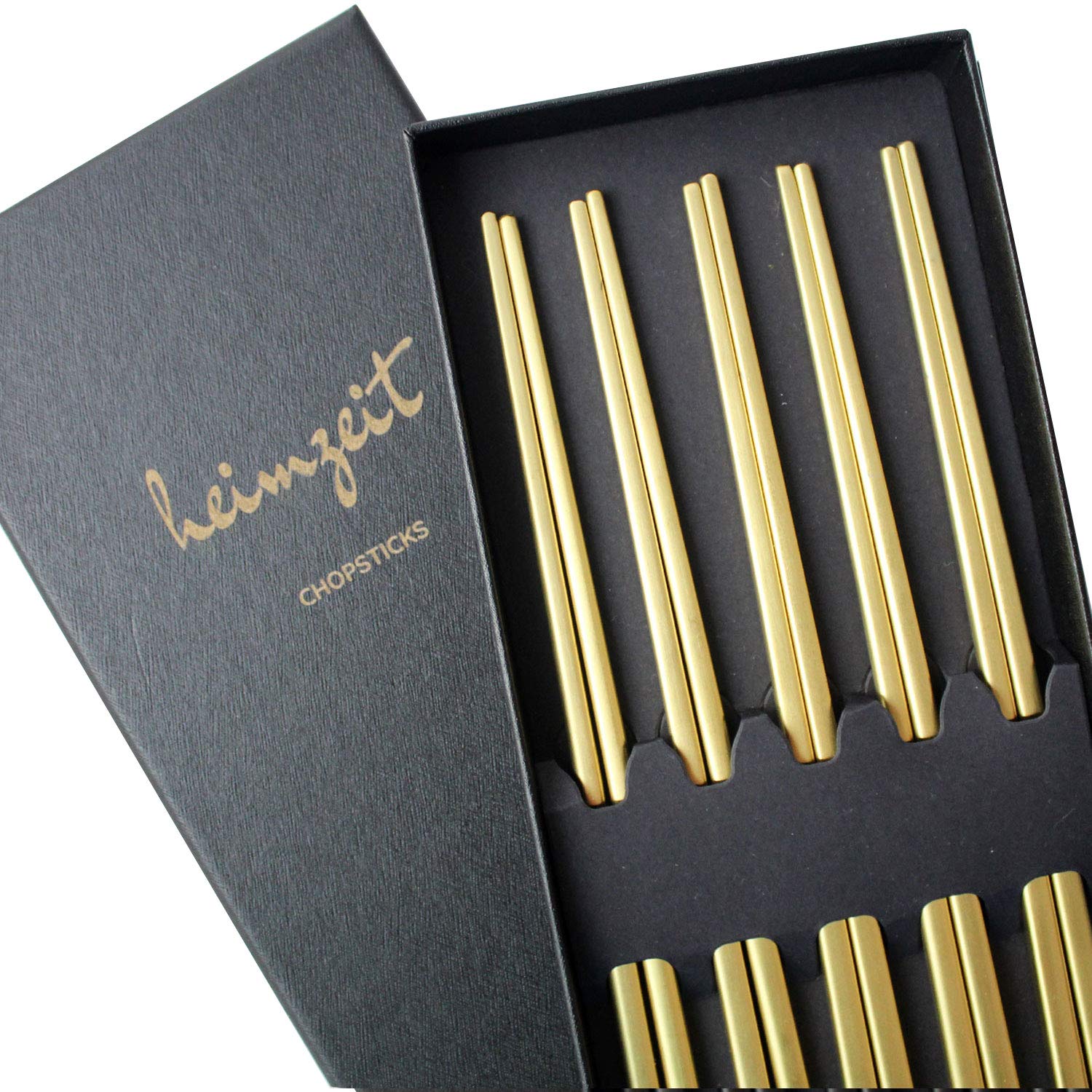 heimzeit Metal Chopsticks Made of Stainless Steel in Gold, 5 Pairs in a Stylish Design, Reusable and Dishwasher Safe