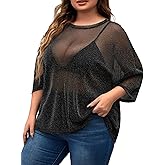 MakeMeChic Women's Plus Size Black Sequin Tops Sheer See Through Short Sleeve Shirts Tops Summer Outfits