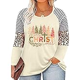 QAUN Plus Size Christmas Shirts Women Merry Christmas Shirts Christmas Lights Shirt Xmas Long Sleeve Tops