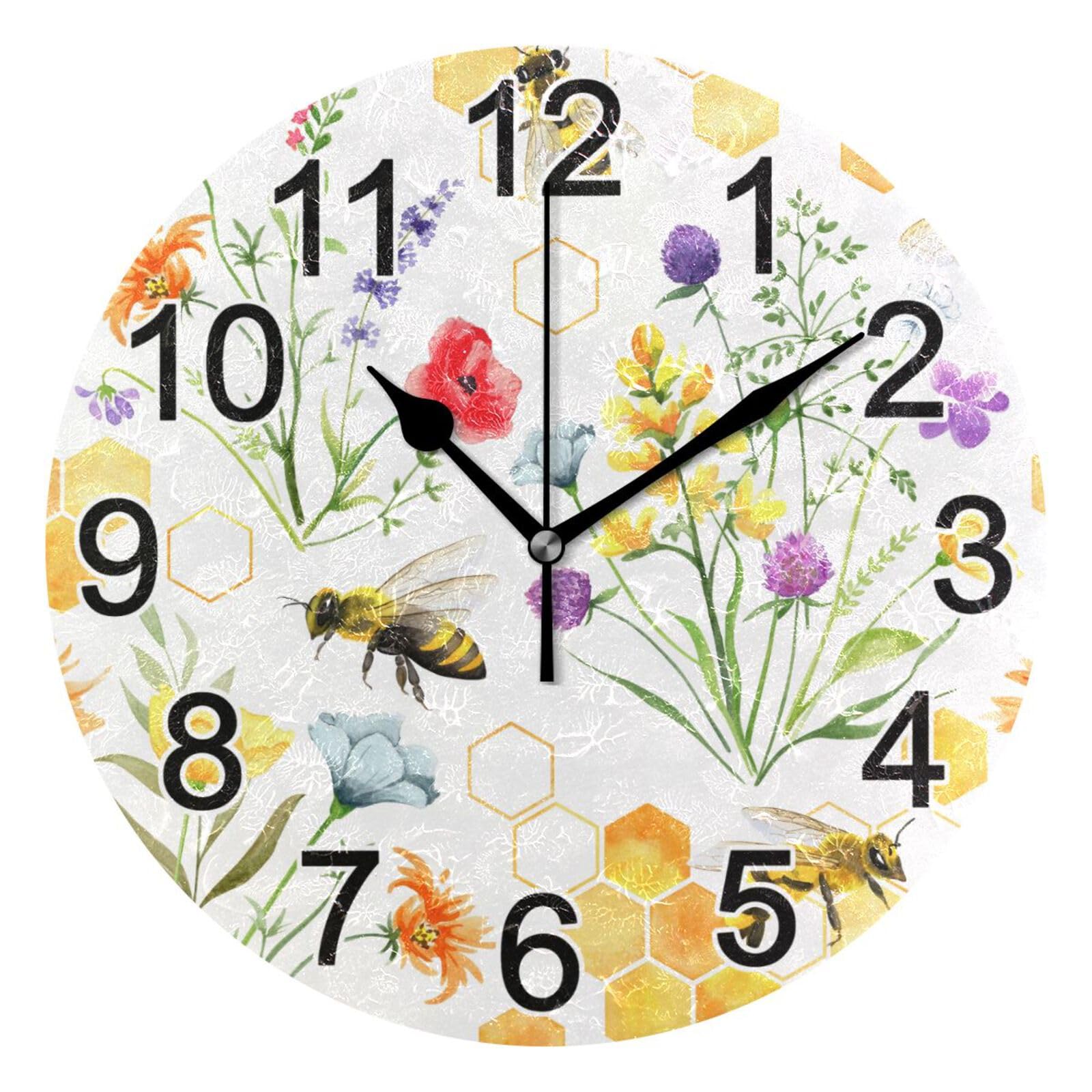 Photo 1 of BOENLE Wildflowers and Bees Wall Clock Non Ticking Silent Kitchen Clock Large Decorative Battery Operated Clocks 10 inch for Living Room Bedroom Decor