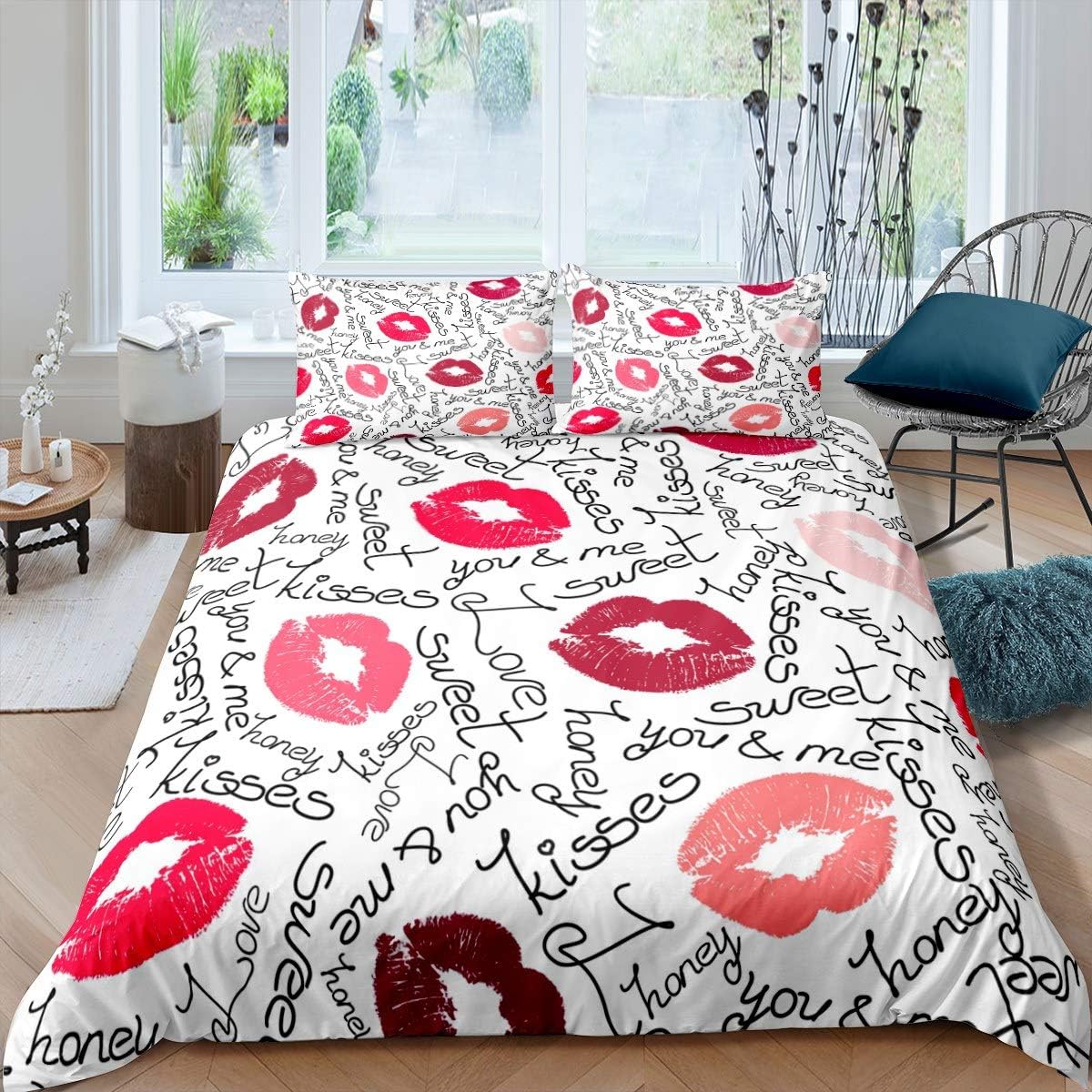 Kiss Comforter Cover Feminine Red Lips Bedding Set for