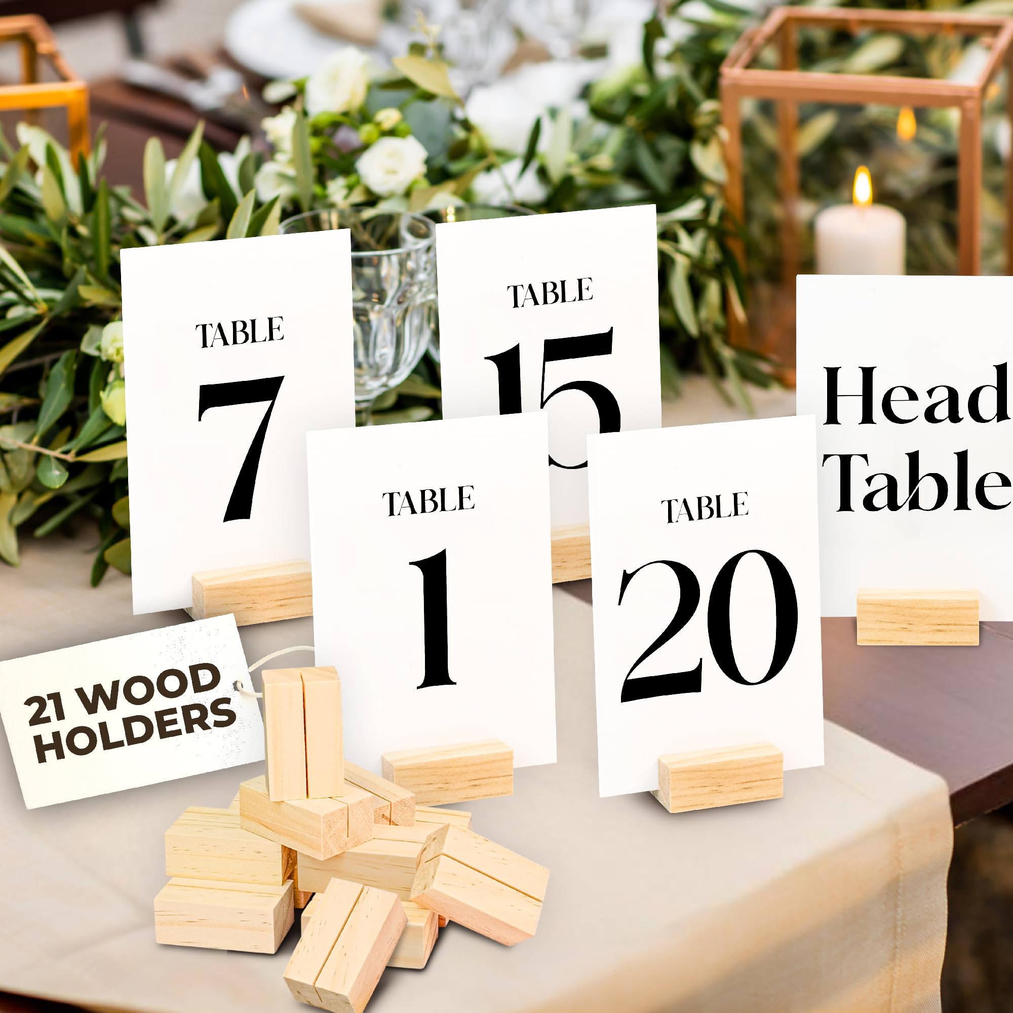 Photo 1 of Woodamore Wedding Table Numbers 1-20 With Head Table Card - Table Numbers For Wedding Reception 1-20, Paper Table Number Cards With Wooden Holders, Table Centerpiece For Party Event Wedding Decoration