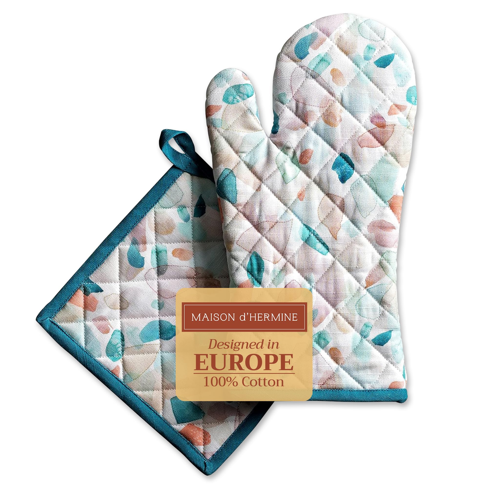 Maison d' Hermine 100% Cotton Oven Mitt & Pot Holder Set (19 x 33 cm & 20 x 20 cm) Heat Resistant BBQ Cooking Gloves with Loop for Baking Handling Hot Pans Gifts for Mothers Day (Summer Picnic)