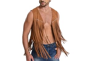 FEOYA Men's Faux Suede Vest Cowboy Retro Long Fringe Jacket Hippie Sleeveless Jackets S-2XL