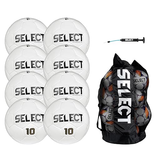SELECT Numero 10 Soccer Ball, 8-Ball Pack with Duffle Ball Bag and Hand Pump, All White NFHS V25, Size 5