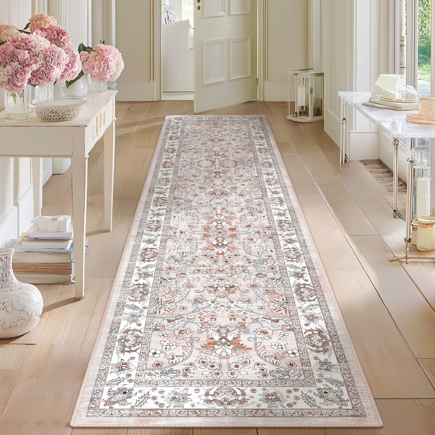 LOKHOM Washable Runner Rug, 2x8 Pink Non-Slip Vintage Hallway Runner Rug with Rubber Backing, Boho Floral Soft Faux Wool Kitchen Rug Carpet Runner for Laundry Entryway Bedroom (Pink) Image