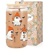 LEADO 16 oz Ghost Cup, Cute Halloween Cup - Fall, Halloween Birthday Gifts | Boo Basket Stuffers for Women, Men, Spooky Gifts for Teen Girl, Fall Glass Tumbler with Lid and Straw, Fall Iced Coffee Glass