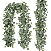 N&T NIETING 2 Pack Artificial Eucalyptus Garland with Flowers, Faux Greenery Garland Decor 6FT Eucalyptus Vines, Fake Hanging Vines Summer Garlands for Mantle Wedding Backdrop Decorations