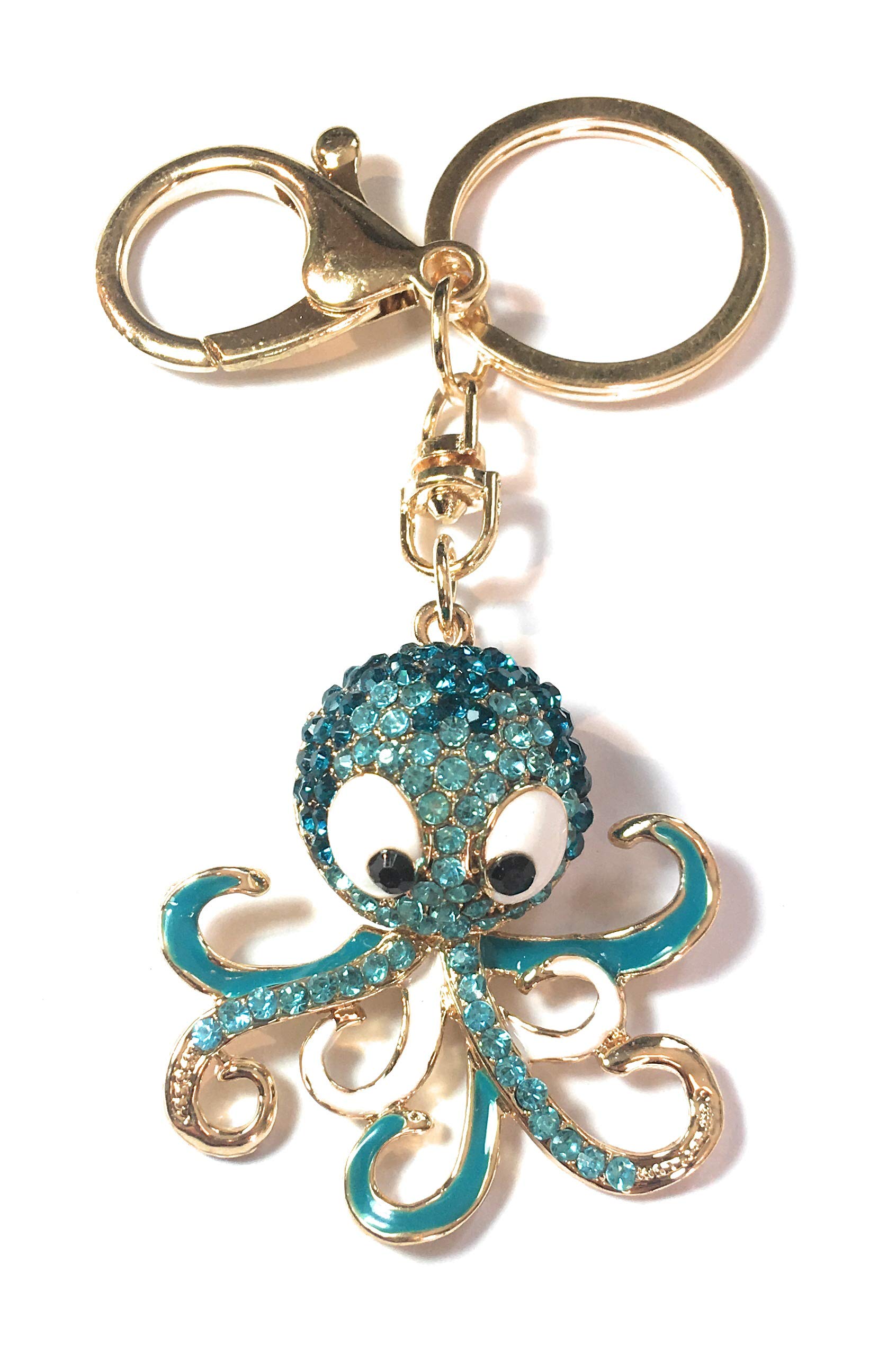 FizzyButton Gifts Octopus keyring key ring and lobster clasp with hollow gold tone enamel and rhinestone charm