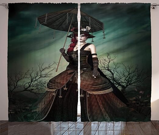 Amazon Com Ambesonne Gothic Curtains Grunge Style Mysterious Strange Woman In Forest With Her Umbrella Dark Night Retro Living Room Bedroom Window Drapes 2 Panel Set 108 X 84 Black Teal Home
