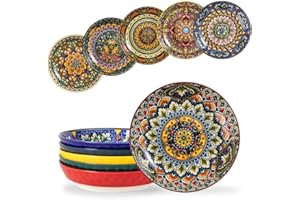 Henten Home 32 oz Porcelain Pasta Bowls Set, Salad Bowl Set of 6, Ceramic Dinner Serving Bowls for Soup, Cereal, Fruit, Bohem