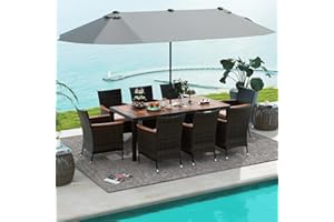 Tangkula 10 Piece Patio Rattan Dining Set with 15Ft Double-Sided Umbrella, Outdoor Heavy Duty Acacia Wood Table and Stackable Wicker Chairs Set, Umbrella with Weighted Base