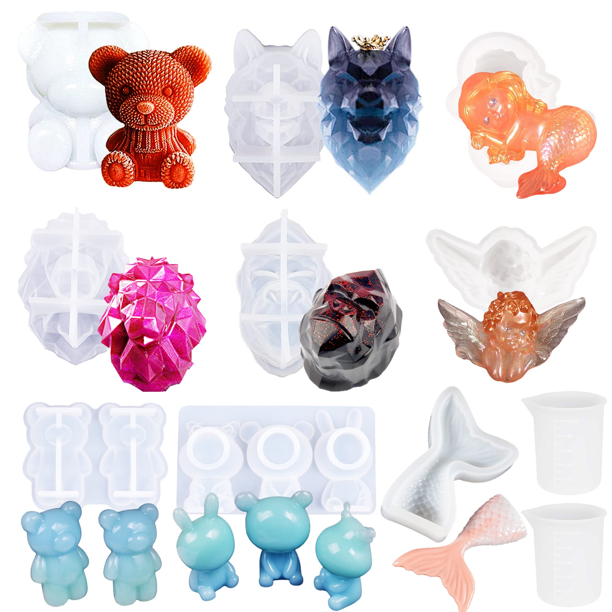 Allazone 3D Animal Resin Moulds, 9 PCS 3D Animal Epoxy Resin Silicone Moulds Mermaid Resin Casting Moulds with Measurement Cup for Resin Craft DIY, Keychain, Home Decoration
