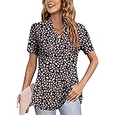 Anyhold Womens Summer Tops Notch V Neck Shirts Short Sleeve Loose Work Blouse