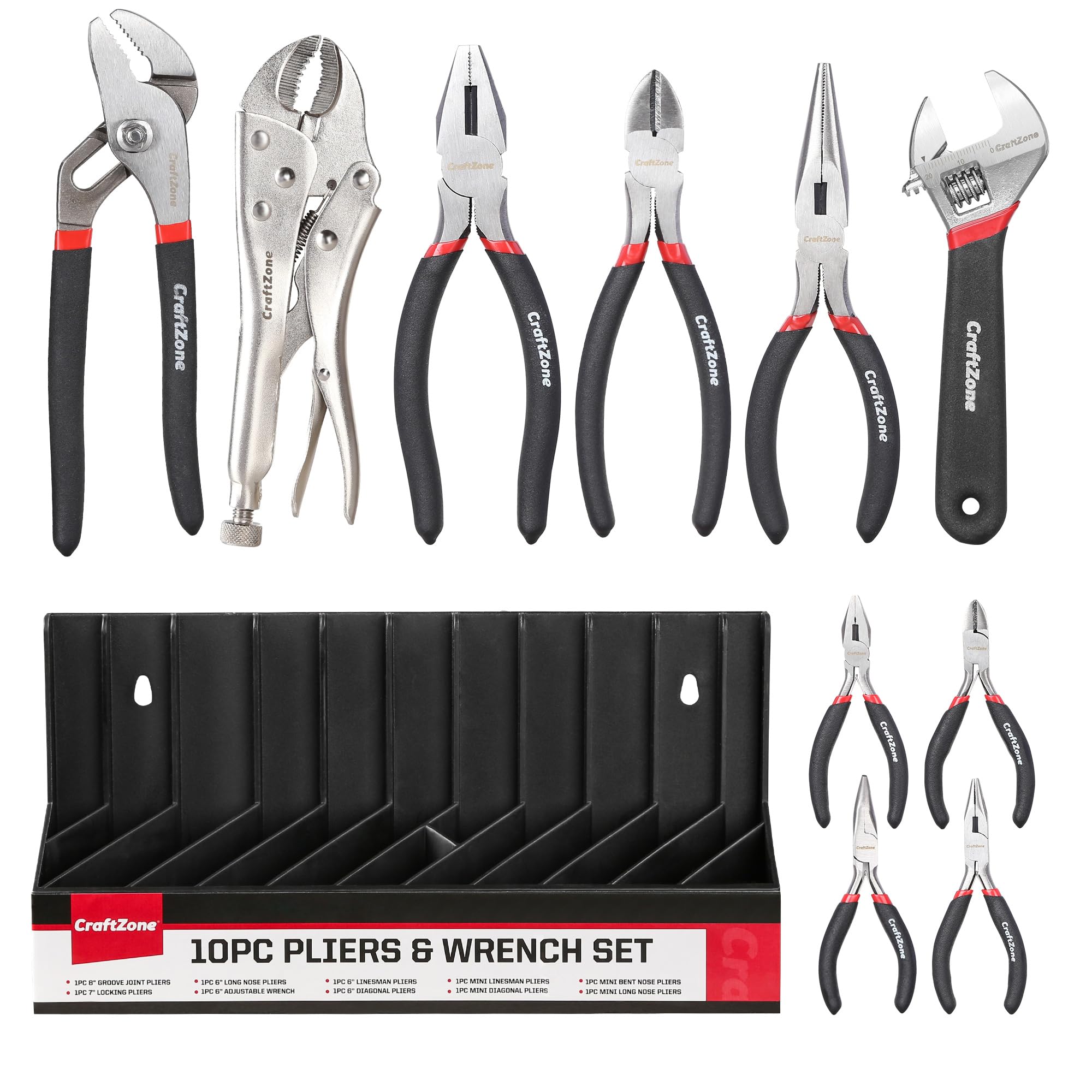 Photo 1 of 10PC Pliers and Wrench Set with Storage Rack – Includes Locking | Long Nose | Diagonal Cutter | Groove Joint | Linesman & Mini Plier, Carbon Steel Tool Kit for DIY and Home a Gift for Man