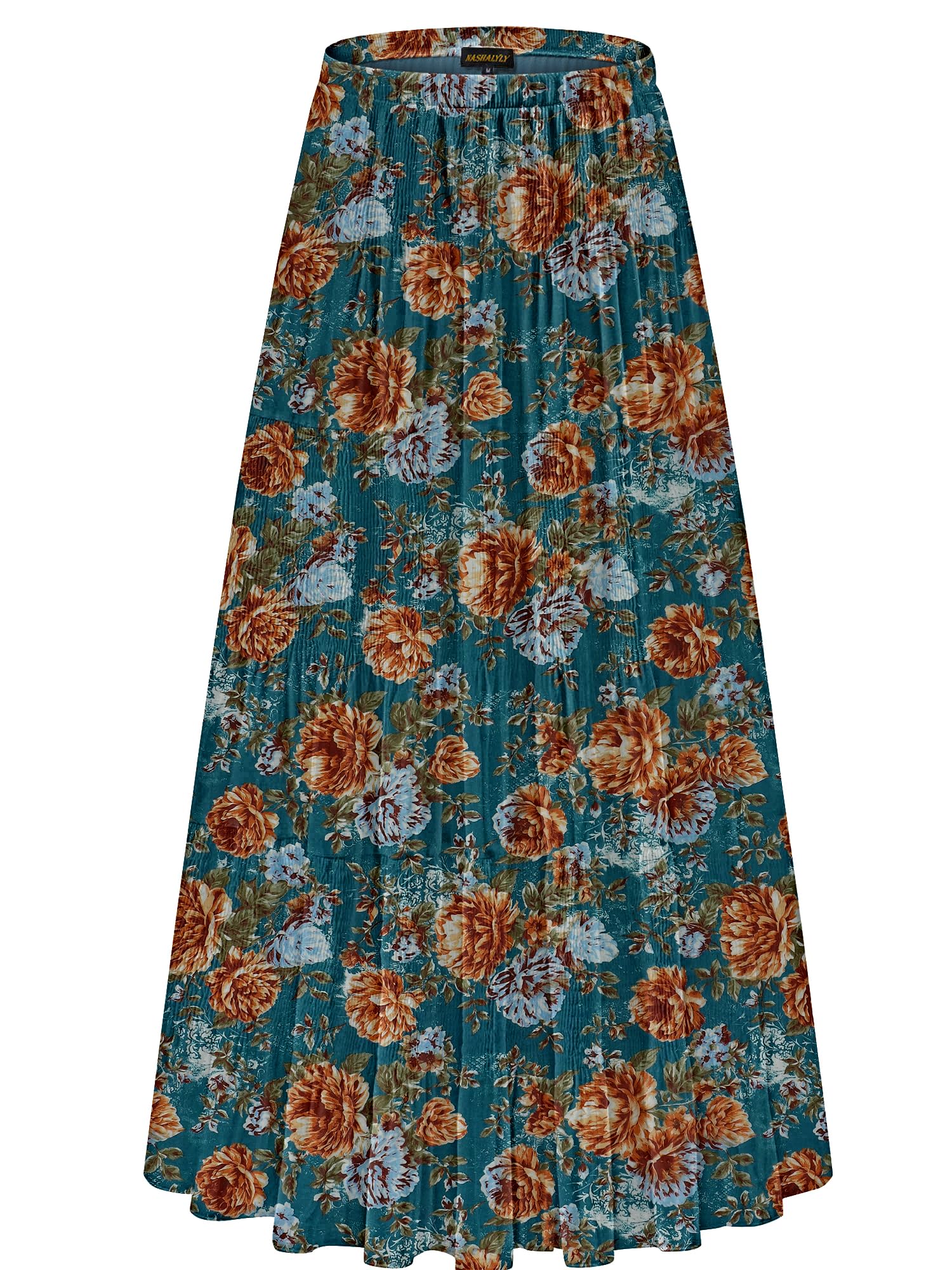 NASHALYLY Women's Chiffon Elastic High Waist Pleated A-Line Flared Maxi Skirts(Blue Y Floral,S) Image