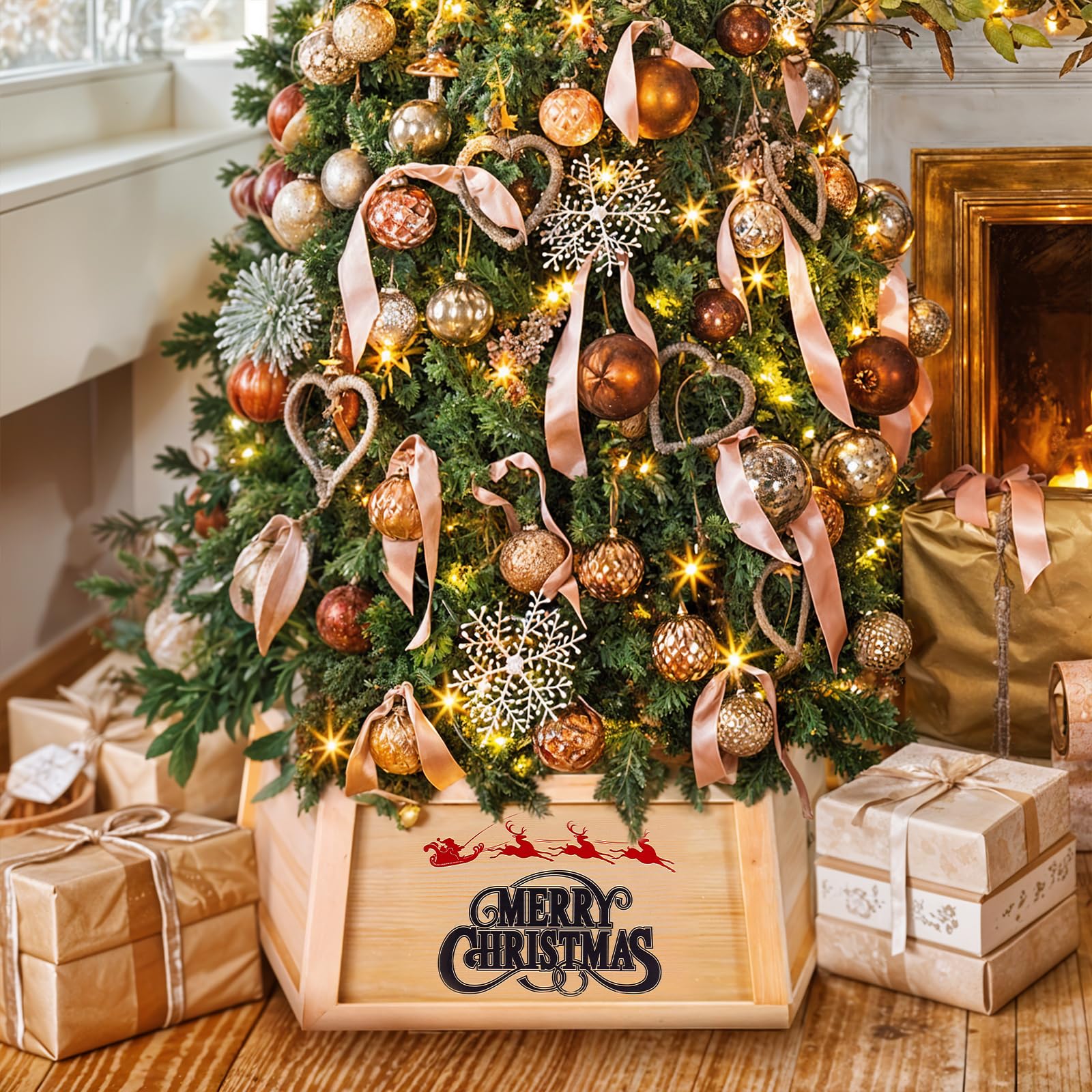 Photo 1 of Christmas Tree Collar, Wood Tree Collar for Artificial Trees, Holiday Tree Skirt Accessory for Home, Natural Wood Rustic Farmhouse Xmas Tree Collar 23in