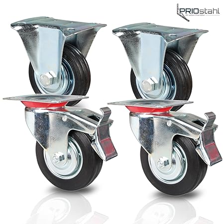 PRIOstahl TR-Set-2 Transportrollen Schwerlastrollen 4 Stück Bockrollen & 2X Lenkrolle mit Bremse | 100mm Durchmesser | Gummi 
