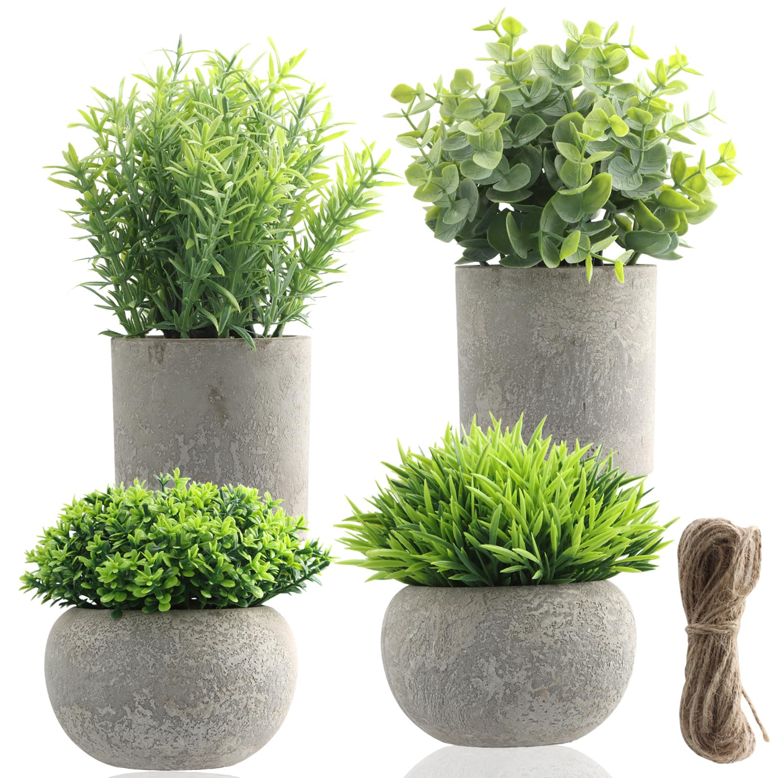 Ehuihuan Set of 4 Mini Potted Artificial Plants, Fake Eucalyptus Rosemary Plants, Decorative Small Fake Plant, Plastic Potted Plants for Living Room Office Balcony Indoor Outdoor Decor