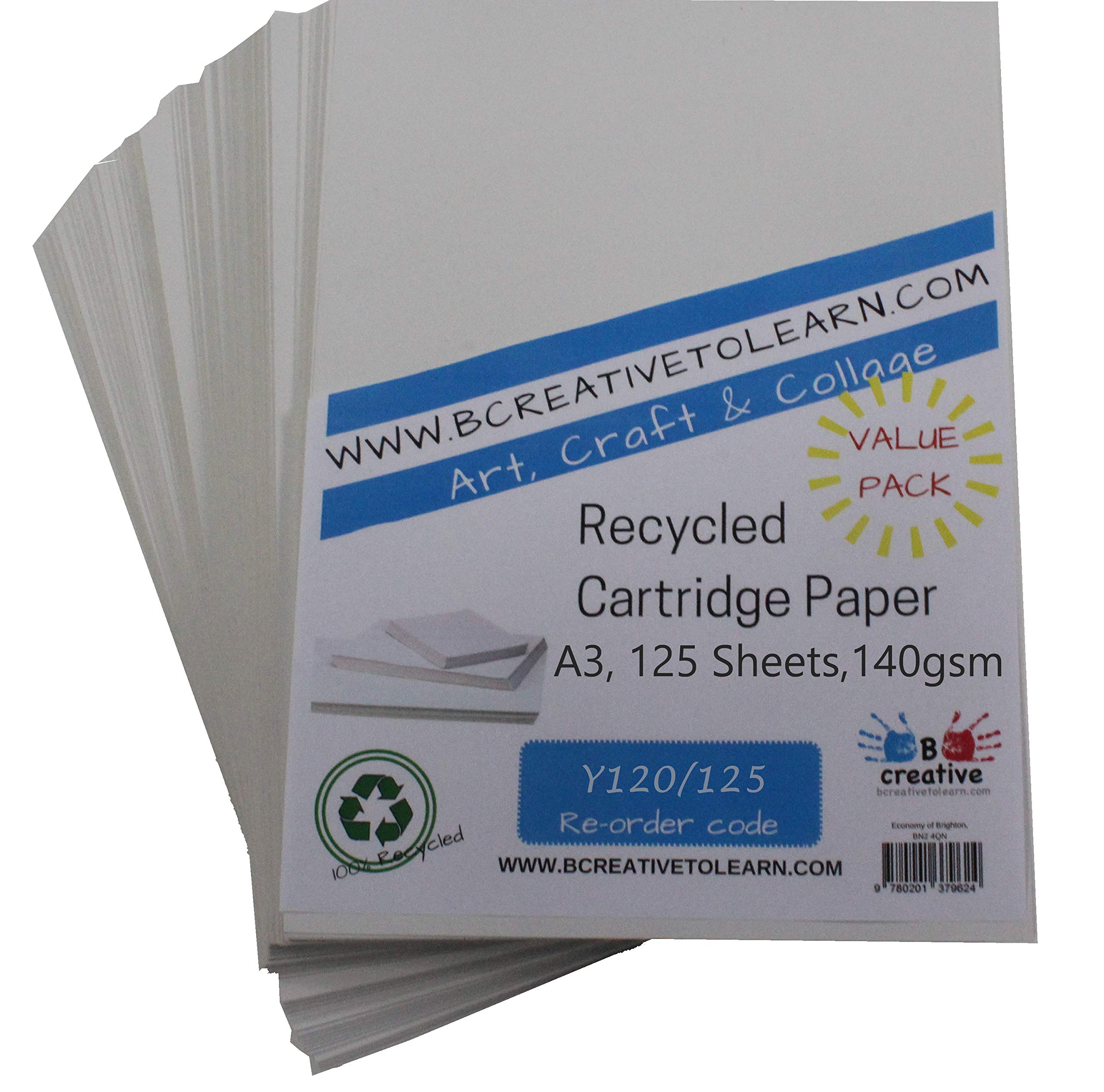 100% Eco Recycled Art A3 Cartridge Paper White Great Art Paper 140gsm Pack of 125 Sheets - Suitable for bookmaking, Sketching, Painting, Printing and More