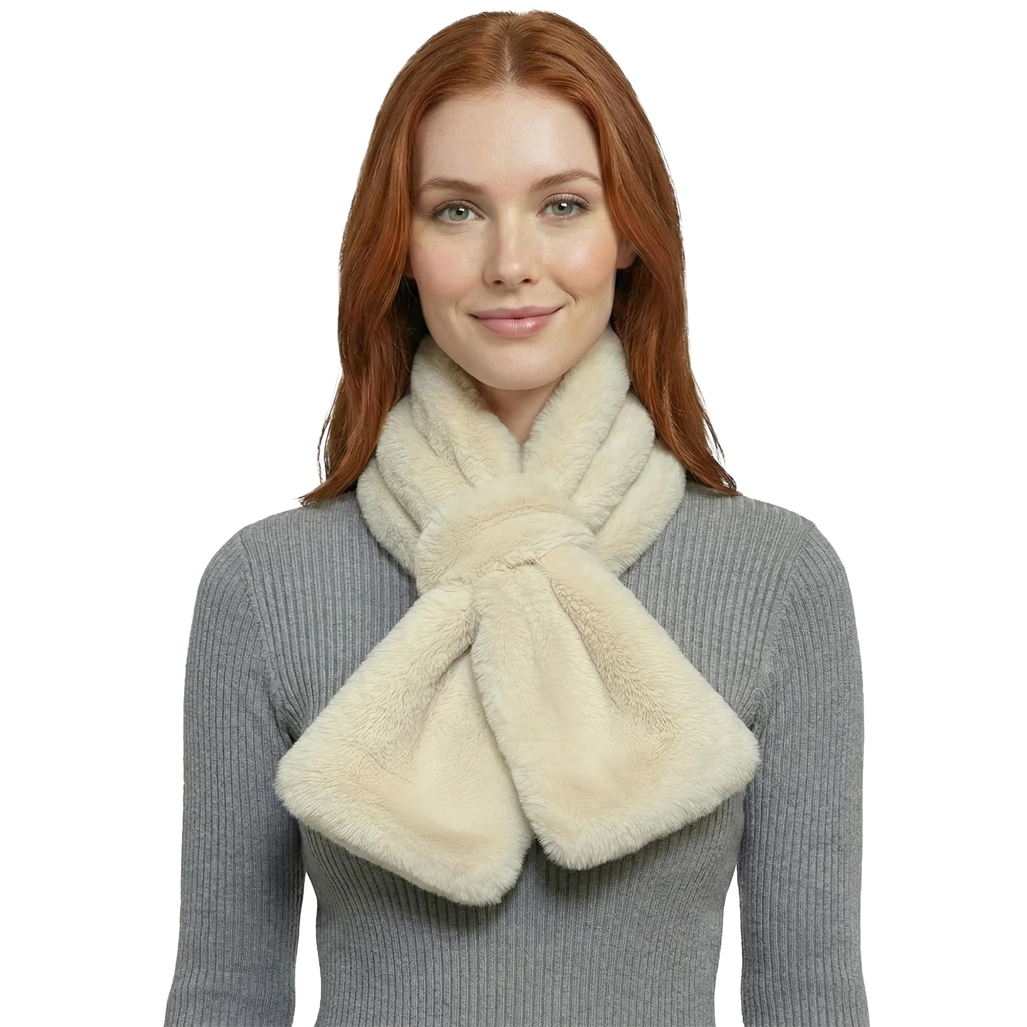 Basic Sense Women's Faux Fur Scarf Fluffy Pull Through Neck Warmer with Holder, Ivory