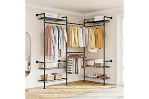 L3 Industrial Pipe Closet Organizer System, Wall Mounted Clothes Rack Clothing Racks with 4 Telescopic Rods & 6 Shelves , Hea