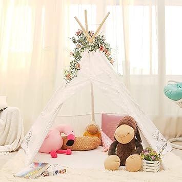 Lavievert Lace Teepee Children Indian Playhouse Cotton Canvas Kids Play Tent for Indoor or Outdoor Play