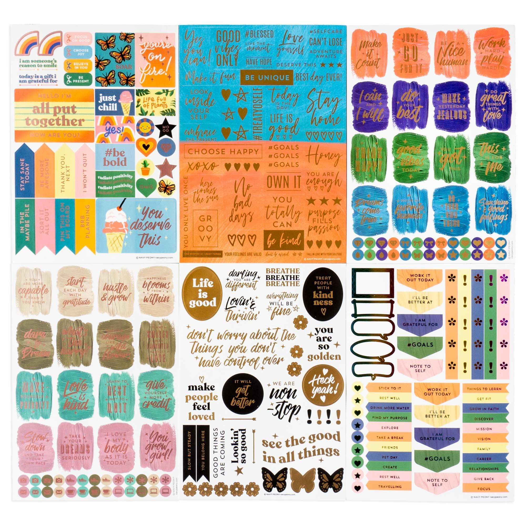 Navy Peony Motivational Vision Board Stickers (270pcs, 6 Sheets) - for Parties, Planners