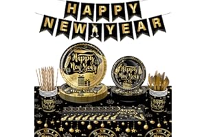 HEYPRIIL Happy New Years Eve Party Supplies Kit – New Year Eve Decorations Banner Plates and Napkins Cups Forks Tablecloth Serves for 24 Guests, NYE New Eve Party Tableware Disposable Dinnerware Table Decor