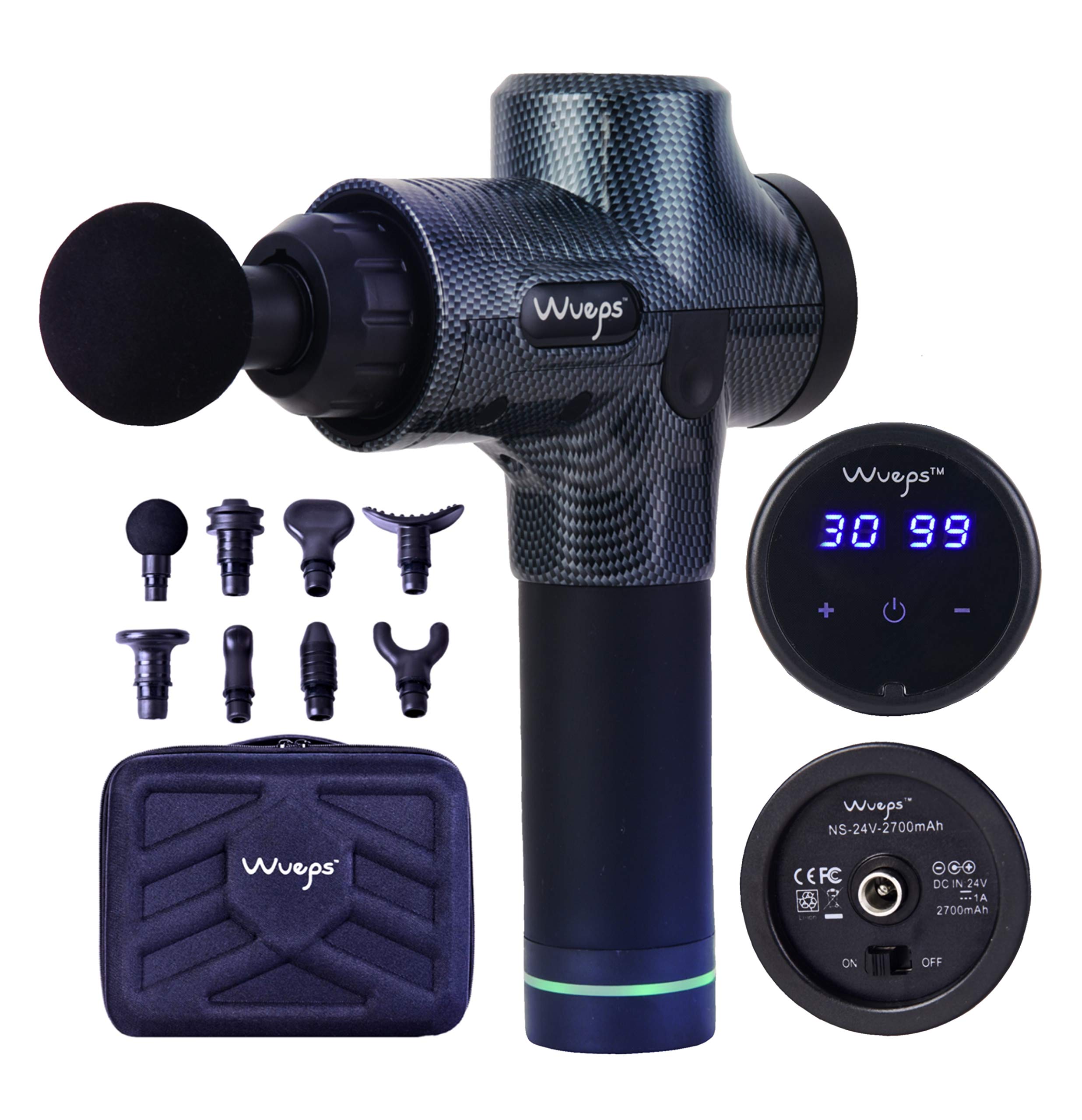 Wueps-Pistola-Masaje-Muscular-de-Tejido-Profundo-Masajeador-ProElite-Carbono-3300-Golpes-Por-Minuto-y-8-cabezales