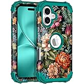 LONTECT for iPhone 16 Case Shockproof 3 in 1 Heavy Duty Rugged Hybrid Sturdy High Impact Drop Protective Cover Flower Case for Apple iPhone 16 2024,Green