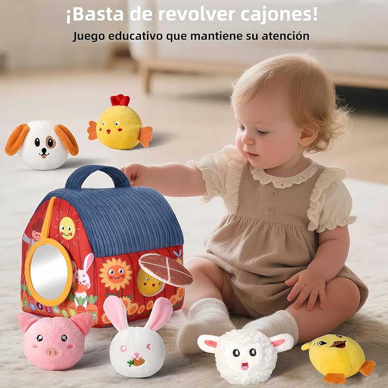 Juguete Montessori para Bebés 6-12 Meses, Set de Granja Blanda con 6 Animales - Juguete Sensorial con Granero,Sonajas, Arrugas, Espejo, Juegos Educativos y de Motricidad Niños — foto 4 de 8