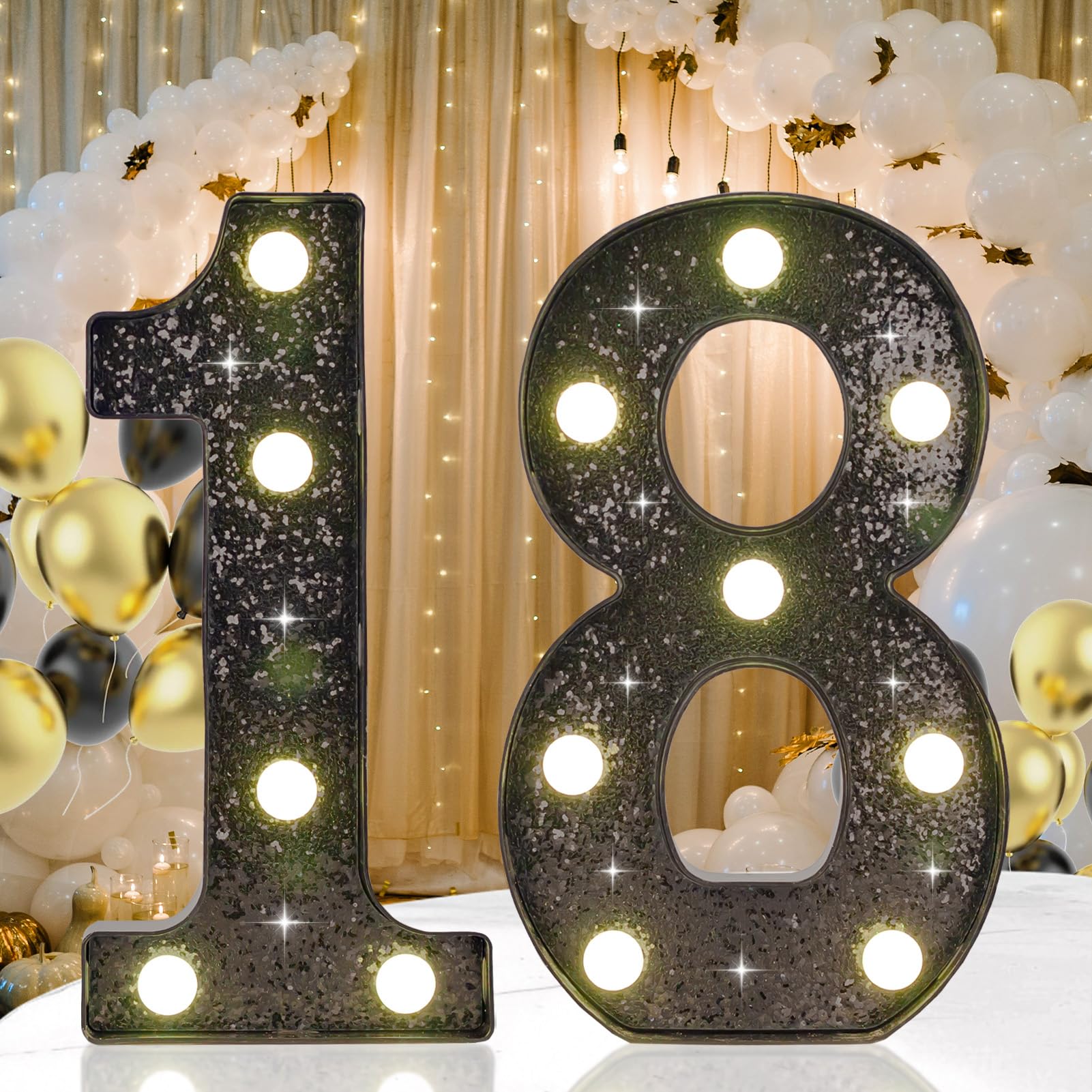 Photo 1 of 18th Birthday Decorations for Her Him, Decorative LED Light up Numbers for 18th Birthday Party, Glitter Black Marquee Number for for 18 Wedding Anniversary