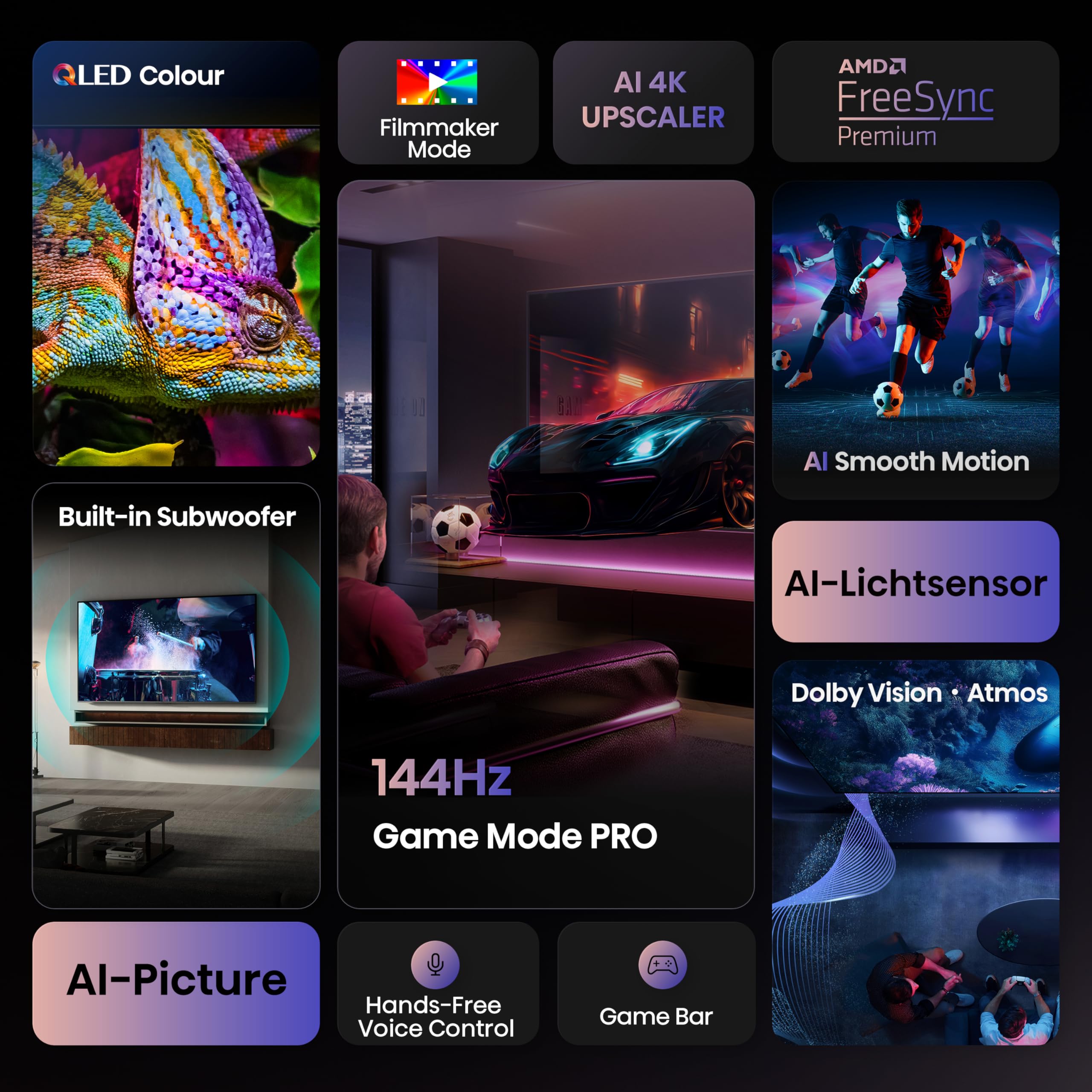 Hisense 100E7Q PRO Fernseher, 100 Zoll, 4K UHD QLED, Smart TV, 144Hz Game Mode, Filmmaker Mode, AMD FreeSync Premium, AI HDR Upscaler, Built-in Subwoofer, Sprachsteuerung, 2025 3
