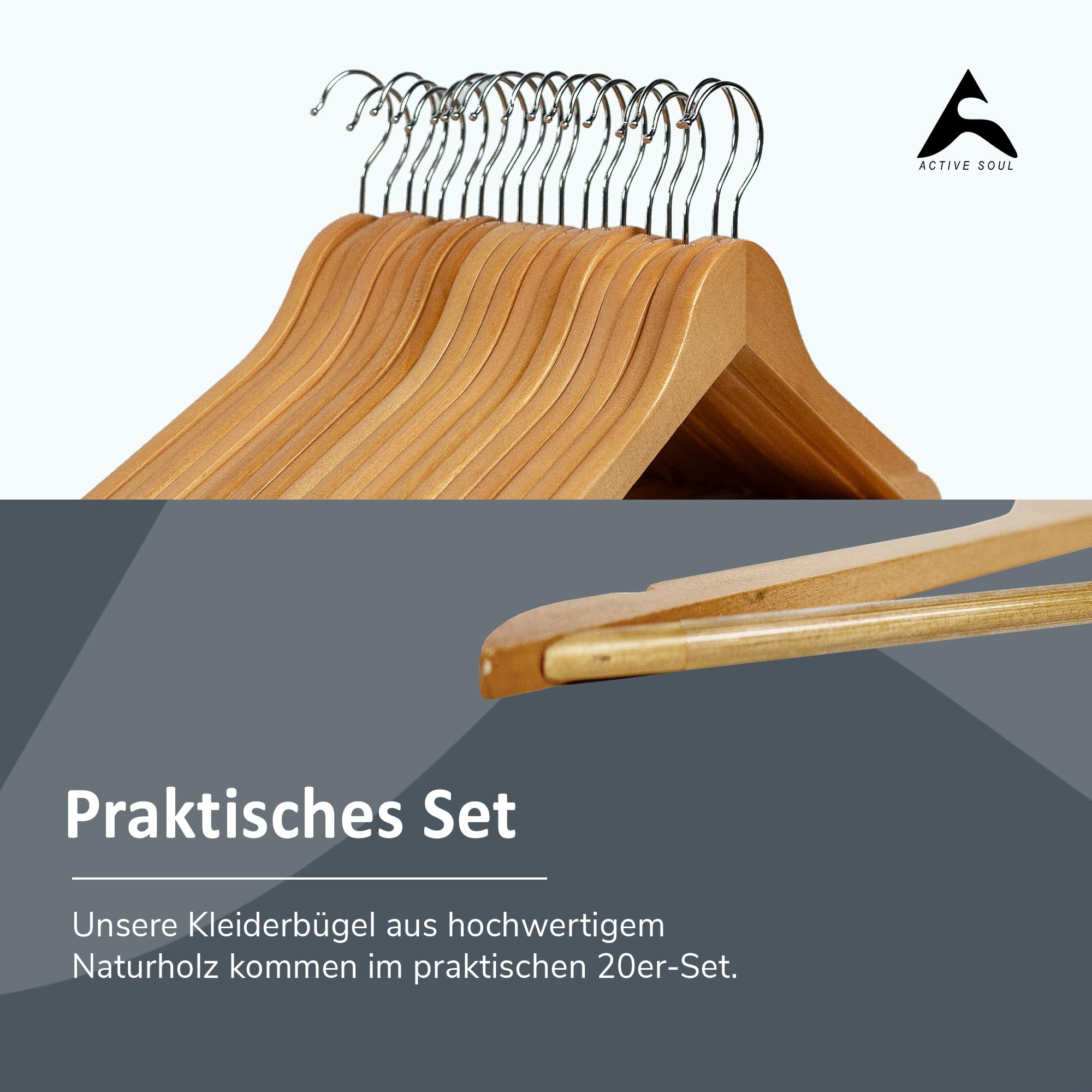 Kleiderbügel Holz 20er Set – Holzkleiderbügel mit Einkerbungen & rutschfeste Mittelstrebe für Hosen – Platzsparende Natur Holzbügel & 360° drehbar – Für Kleider, Shirts, Anzüge, Hemden, Blusen & Hosen 8