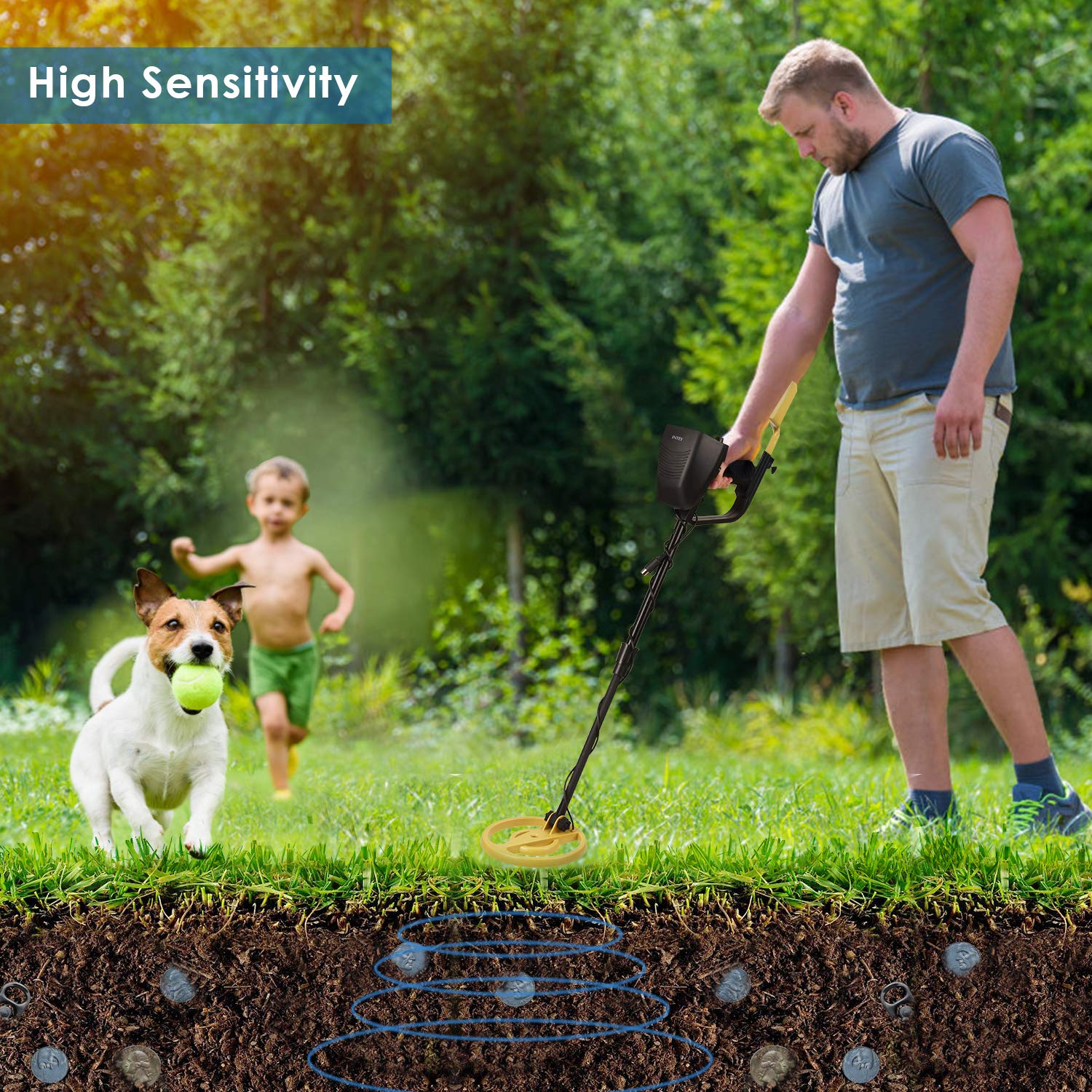 INTEY Metal Detector - GC-1039 Detector with ALL-METAL/DISC/PINPOINT Functions, Adjustable Volume & Rod (30.7-42.5 in) for Adults and Kids, High Sensitivity & Waterproof Coil for Outdoor Treasure Hunt