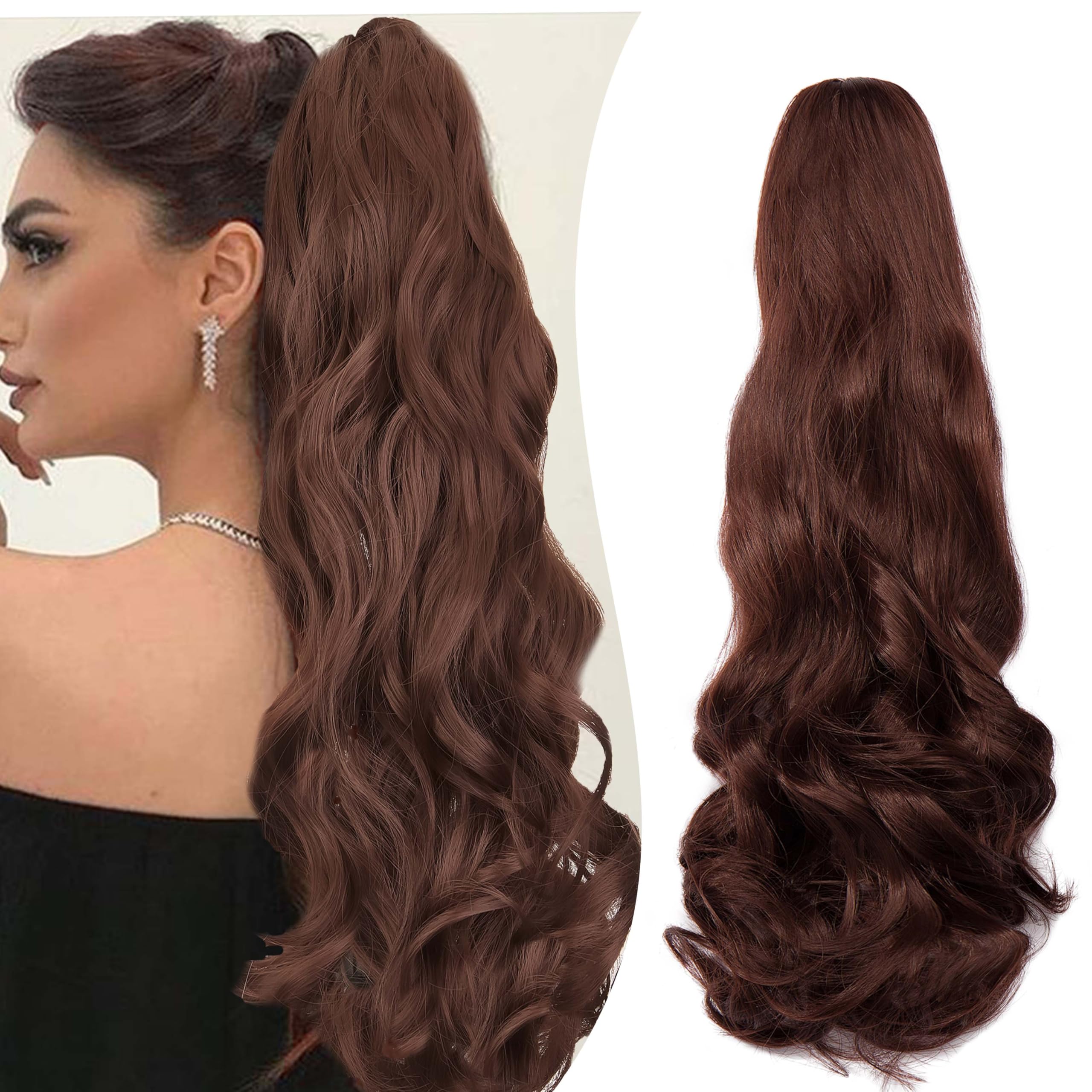 Gairyan 20inch Ponytail Extension Clip in Ponytail Hair Extensions Curly Wavy Pony Tails Claw on Ponytail Long Wave Synthetic Hairpieces for Women Soft Real Look (Dark Auburn)