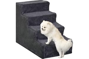 PawHut Pet Steps Ladder for Cats and Dogs, 4-Step Pet Stairs, Ladder for Climbing on Bed, Sofa with Removable Cover, Dark Gre